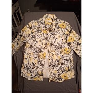 Windridge Women’s L Button Up Shirt Yellow Black Floral Sketch Print 3/4 Sleeve
